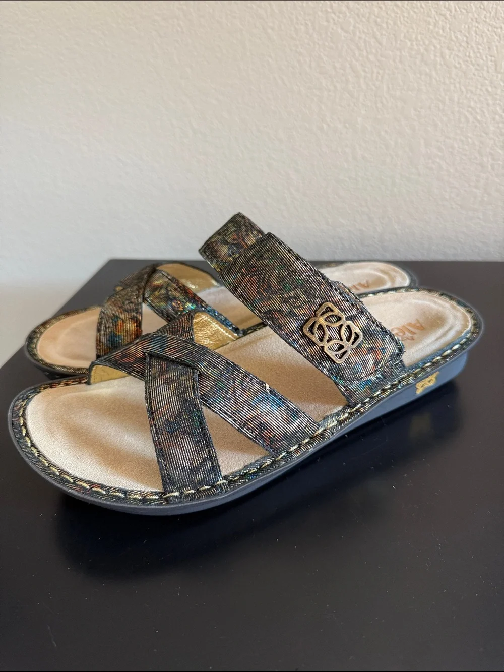 Alegria Women’s Metallic Multi-Color Cross-Strap Slide Sandals